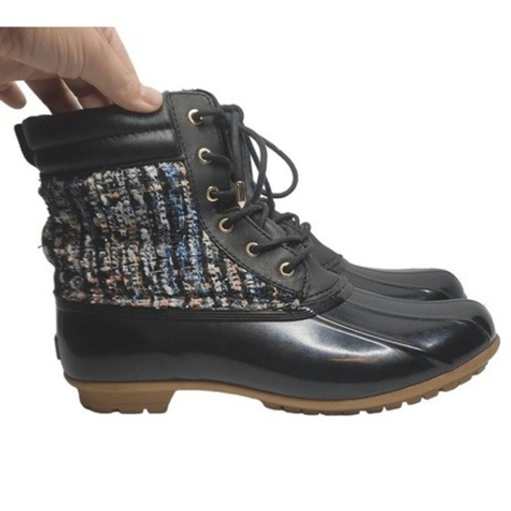Sam Edelman Women's Black Caldwell Woven Textured Lace-Up Rain Duck Boots Size 9